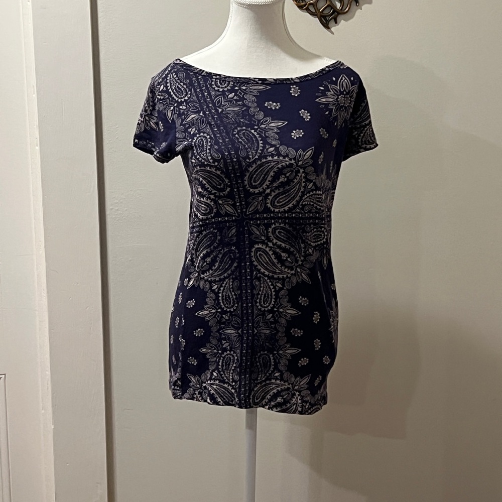 J. Crew Vintage Collection Navy and White Paisley Short Sleeve Top